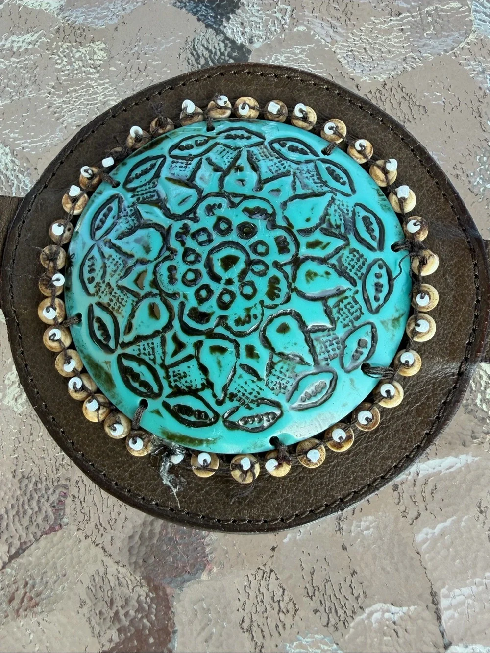 Chicos Genuine Leather Concho Belt  Turquoise Blue and Rust Medallions Sz M/L